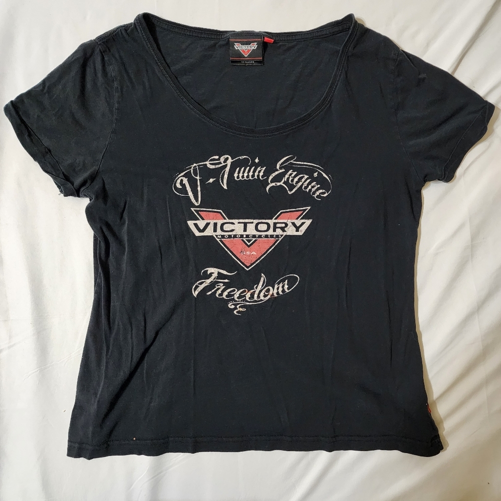 Victory shirt black women size large biker tshirt faded